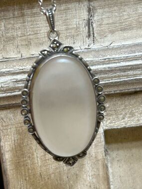 Vintage Sterling Art Deco Camphor Glass And Marcasite Pendant Necklace
